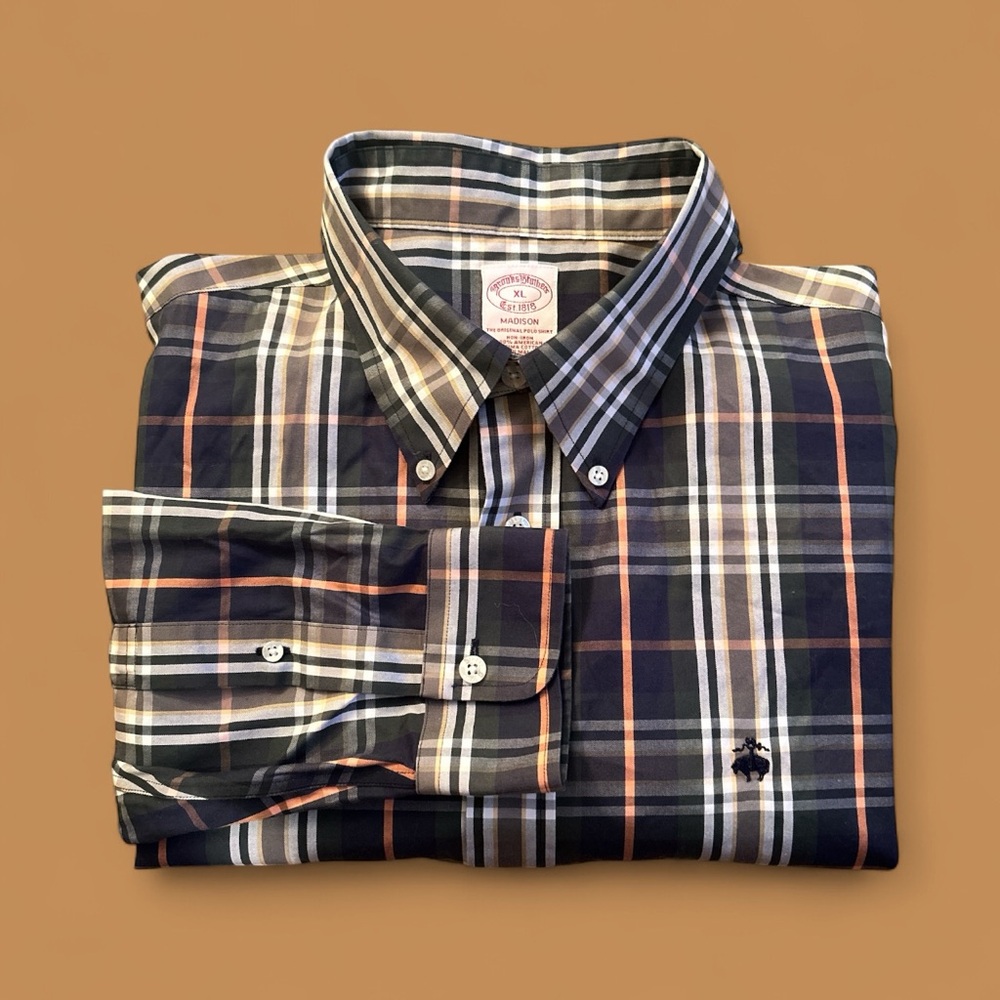 Brooks Brothers Madison Plaid Button Down Shirt Size XL Navy White Orange Supima